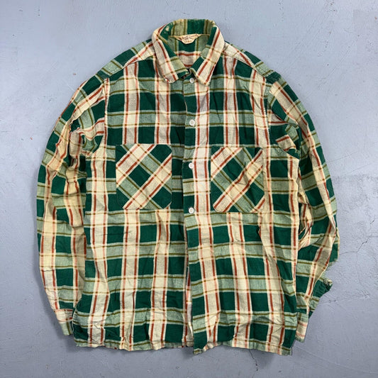 VTG 60s Penneys Towncraft Button Green Cotton Shirt Plaid Rockabilly Distressed