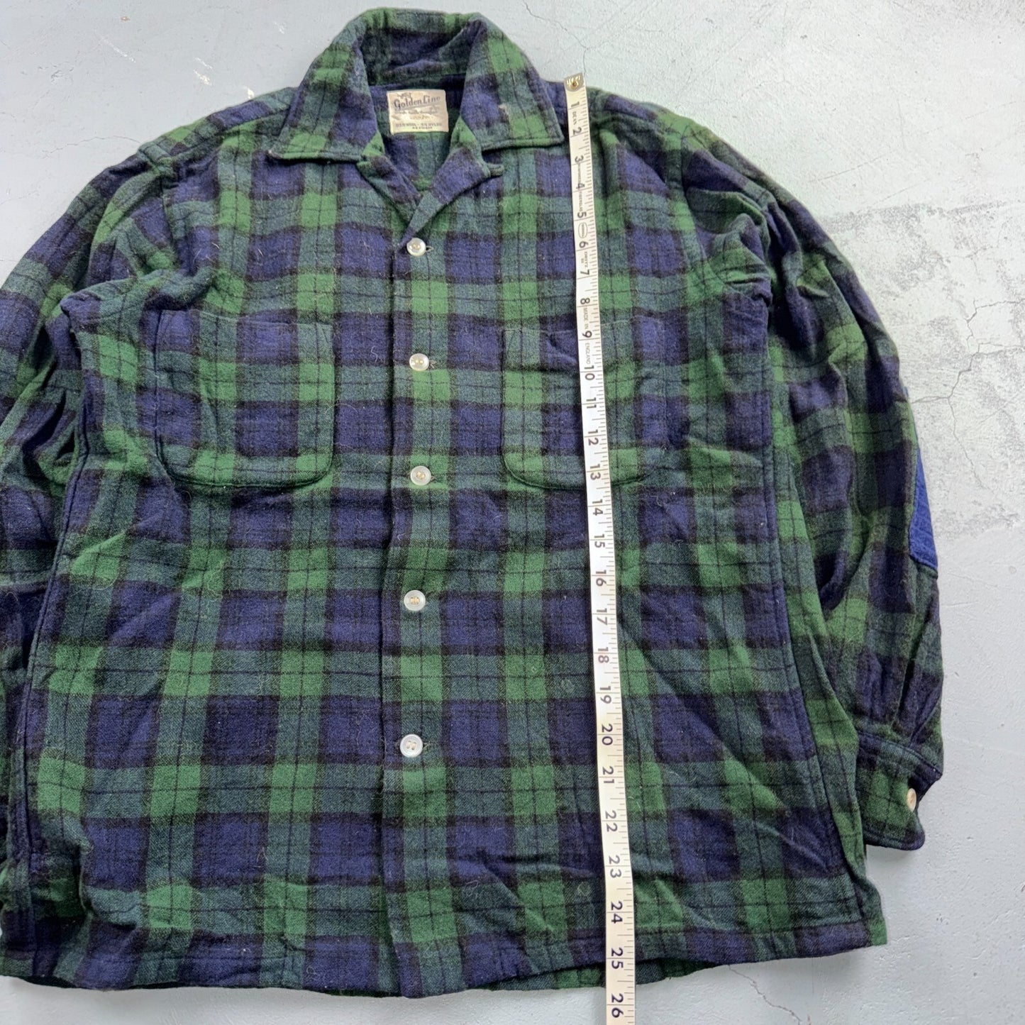 VTG 60s Golden Line Blackwatch Plaid Wool Shirt Loop Collar Rockabilly Japan