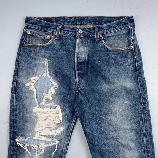 Levis 501 Vintage 90s USA XX Straight Leg Jeans Blue Thrashed 35x36 Act 33x32