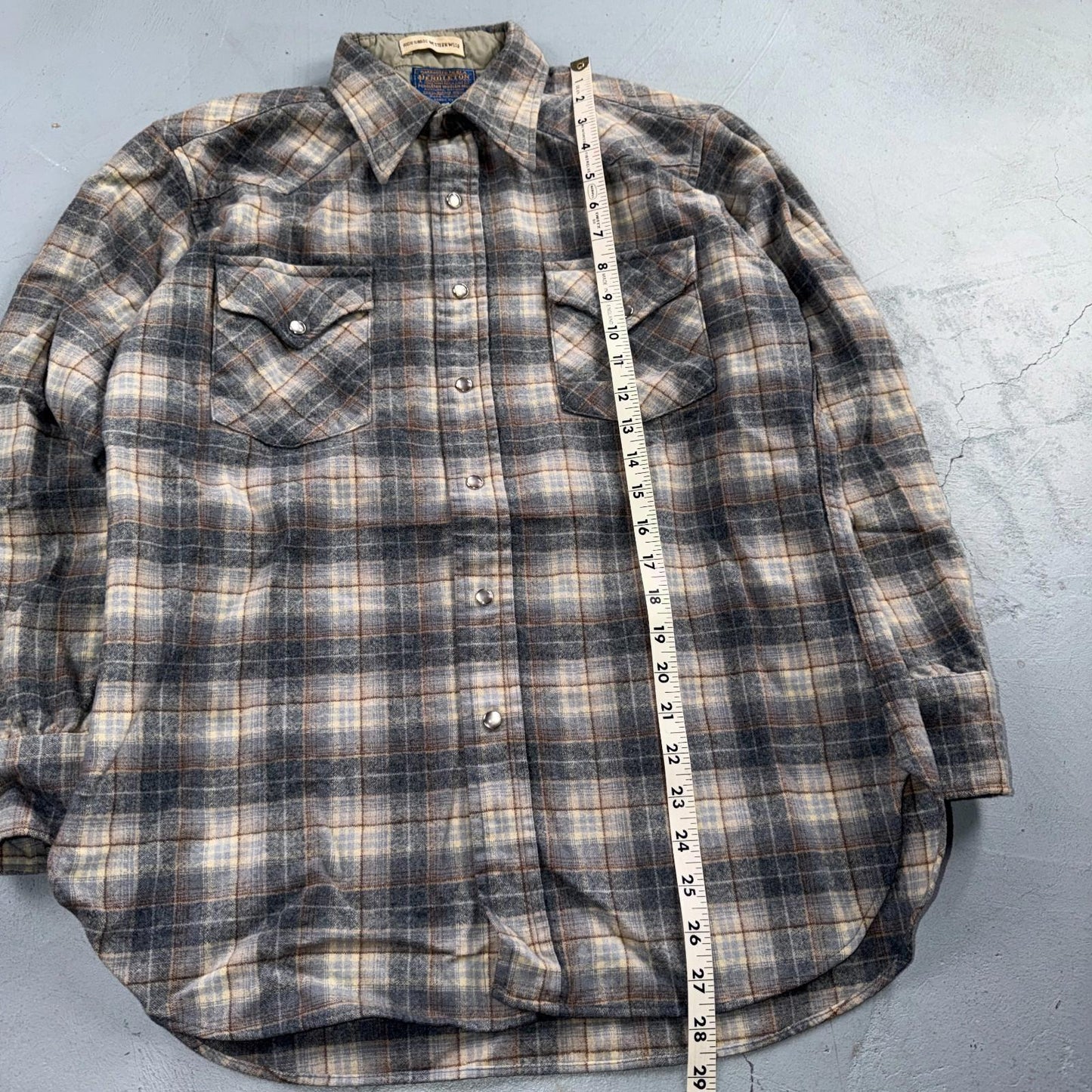 Pendleton VTG 100% Virgin Wool Western Plaid Shirt Pearl Snap Gray High Grade