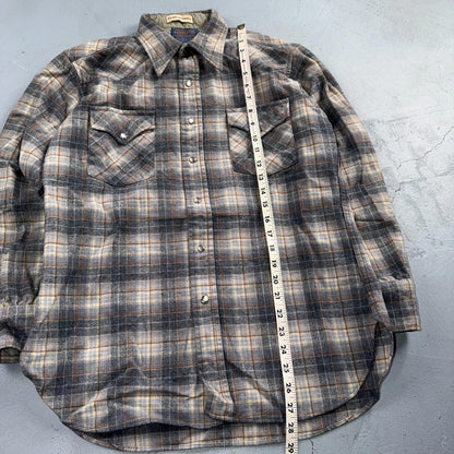 Pendleton VTG 100% Virgin Wool Western Plaid Shirt Pearl Snap Gray High Grade