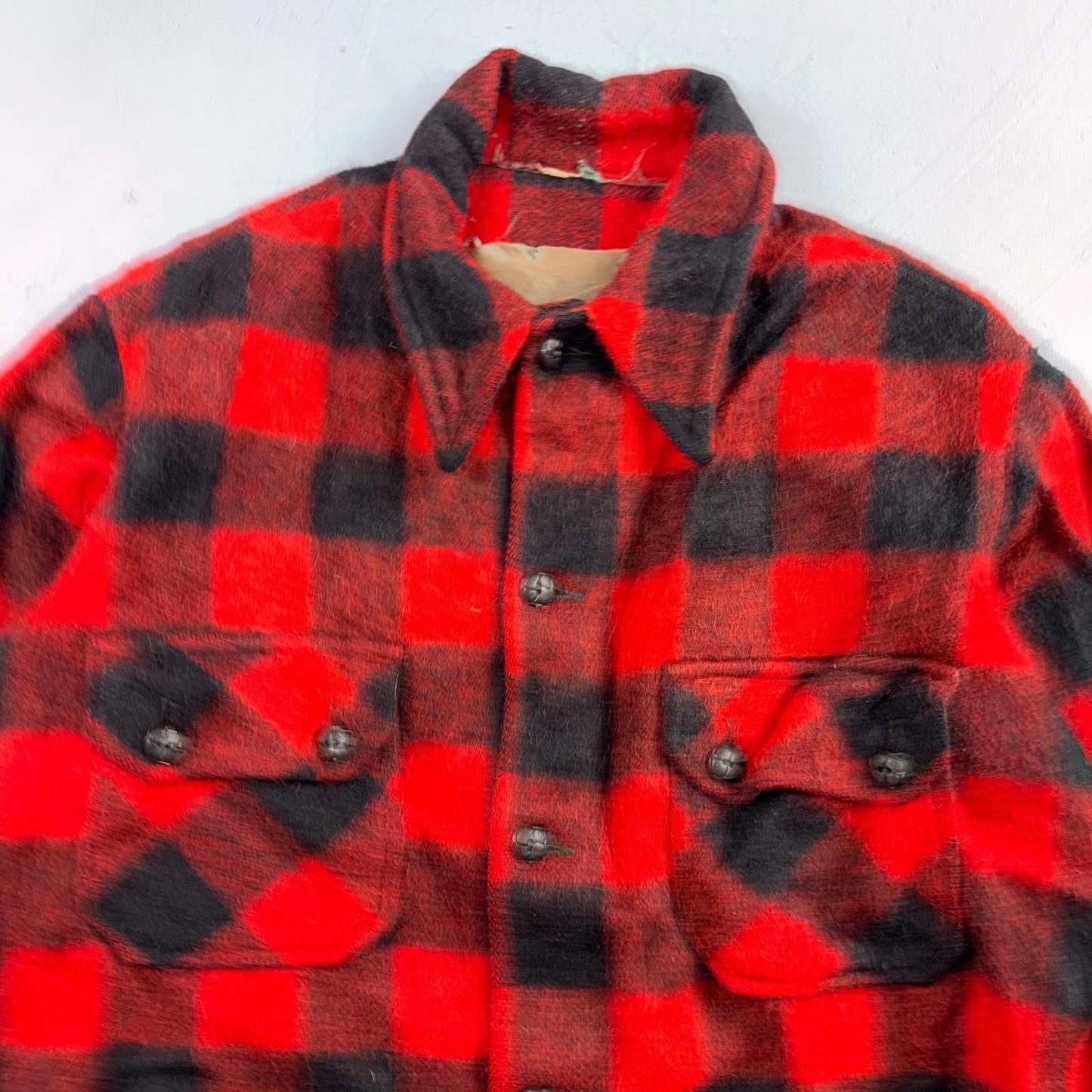 VTG 1950s Wool Buffalo Plaid Mackinaw Heavy Jacket Button Up Mohair Rockabilly