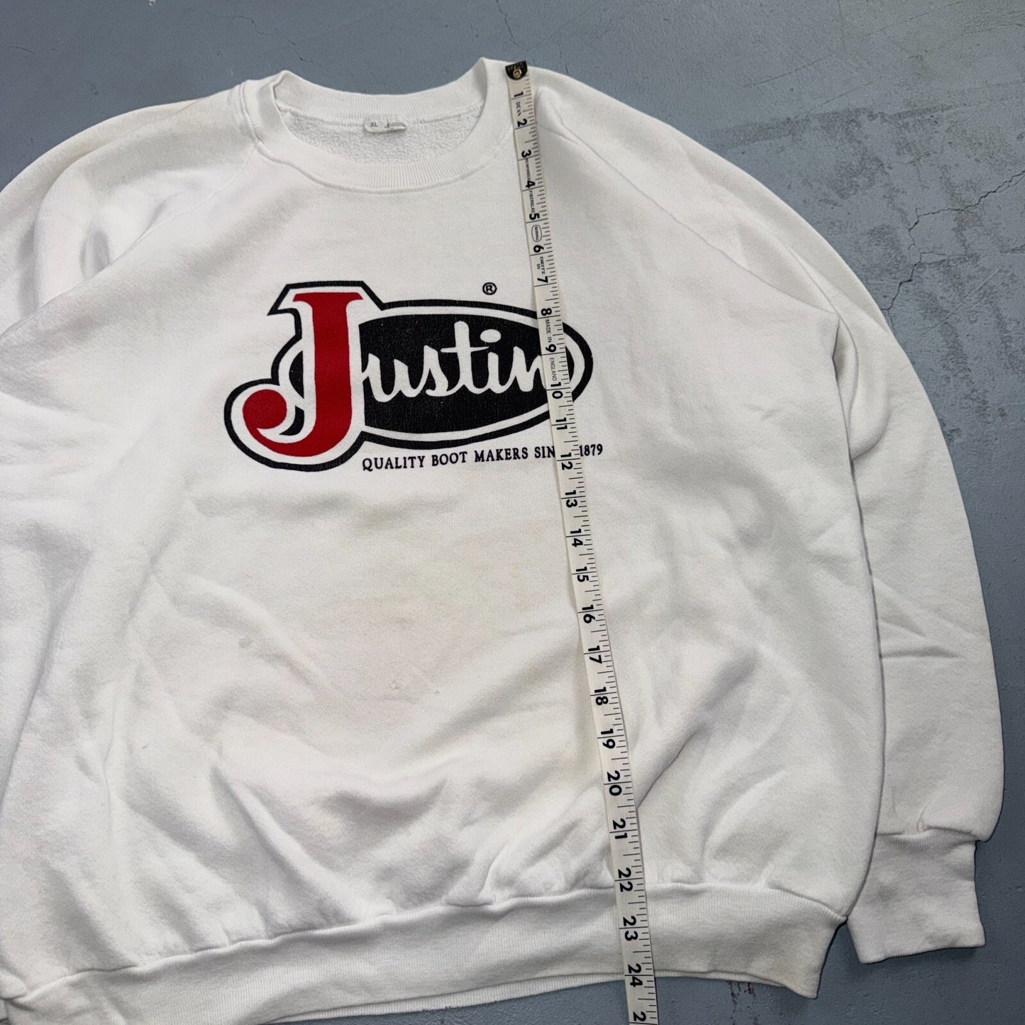 VTG Justin Boots Logo Promo Sweatshirt White Western Cowboy USA XL 1980s 80s