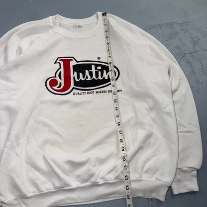 VTG Justin Boots Logo Promo Sweatshirt White Western Cowboy USA XL 1980s 80s