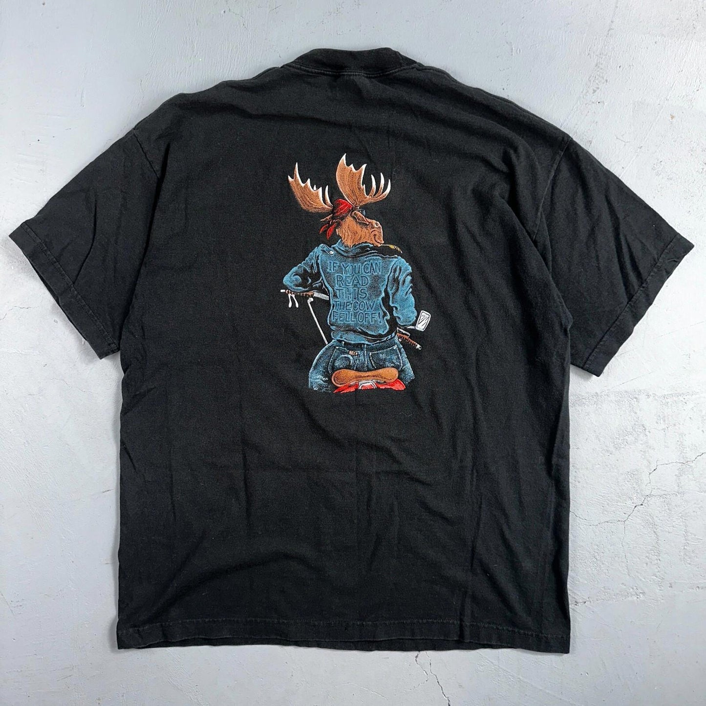 Moose Motorcycle Leather Jacket VTG T Shirt Cow Fell Off Funny Humor Biker Joke