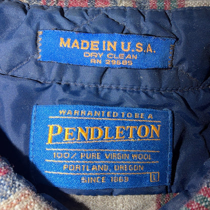 VTG 90s Pendleton Wool Flannel Shirt Jacket Gray Red Plaid USA Made L Rockabilly