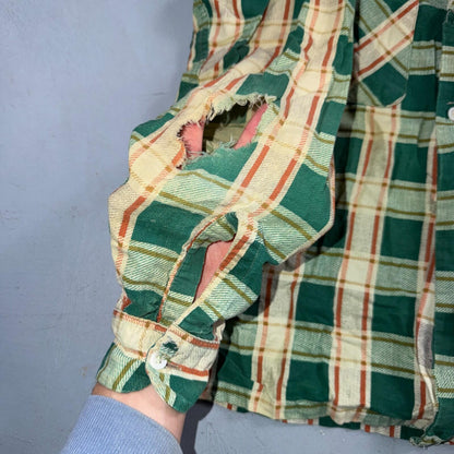 VTG 60s Penneys Towncraft Button Green Cotton Shirt Plaid Rockabilly Distressed