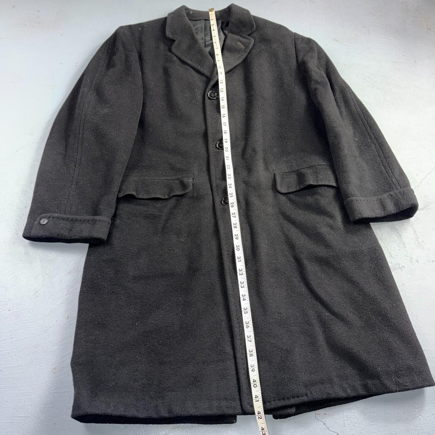VTG 1950s 1960s Coat Trench Mens Black Wool Cashmere Rockabilly Overcoat