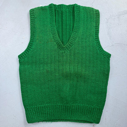 VTG Green Vest Knitted Sleeveless Sweater Pullover Handmade Knit 70s 1970s
