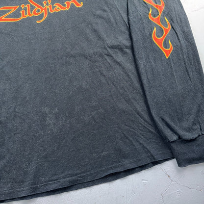 VTG Y2K Zildjian Long Sleeve T Shirt Flame Sleeve Print Drums Music Faded Band