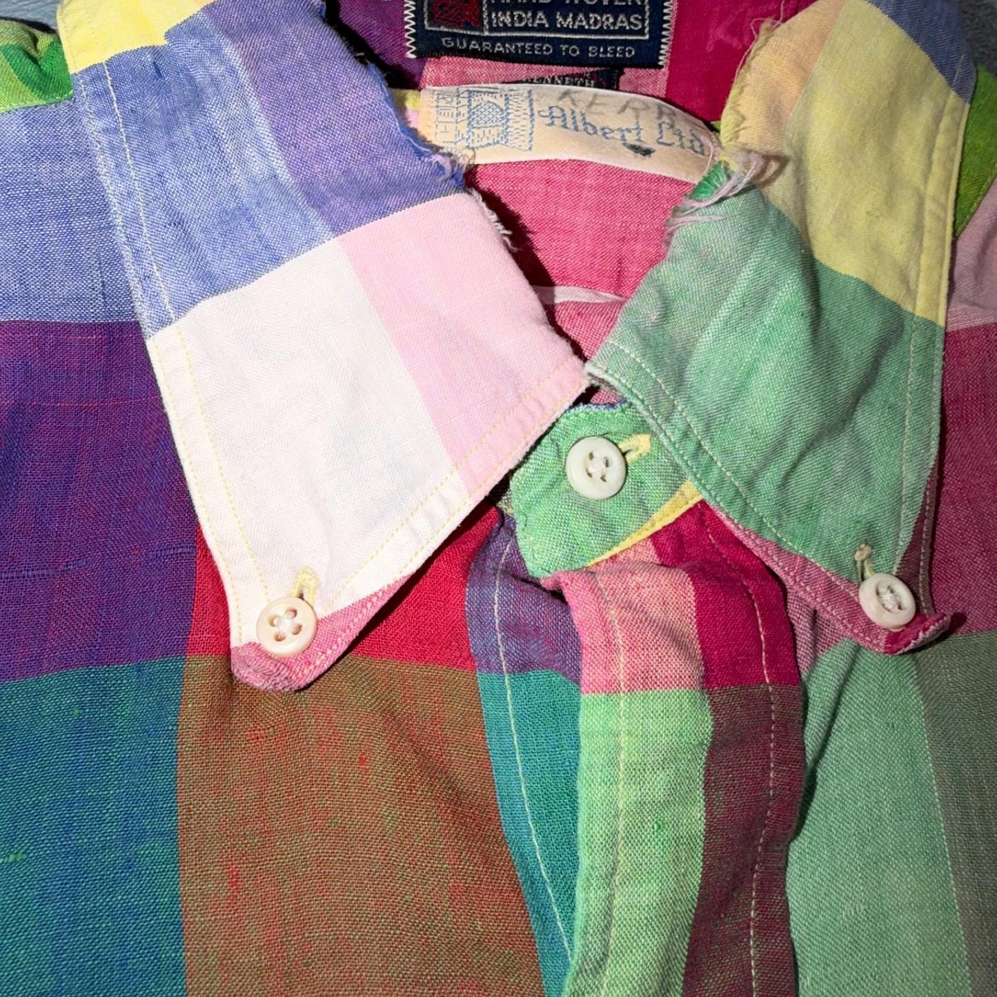 VTG Albert LTD Blue Yellow Button Up Long Sleeve Picnic Plaid Large USA Designer