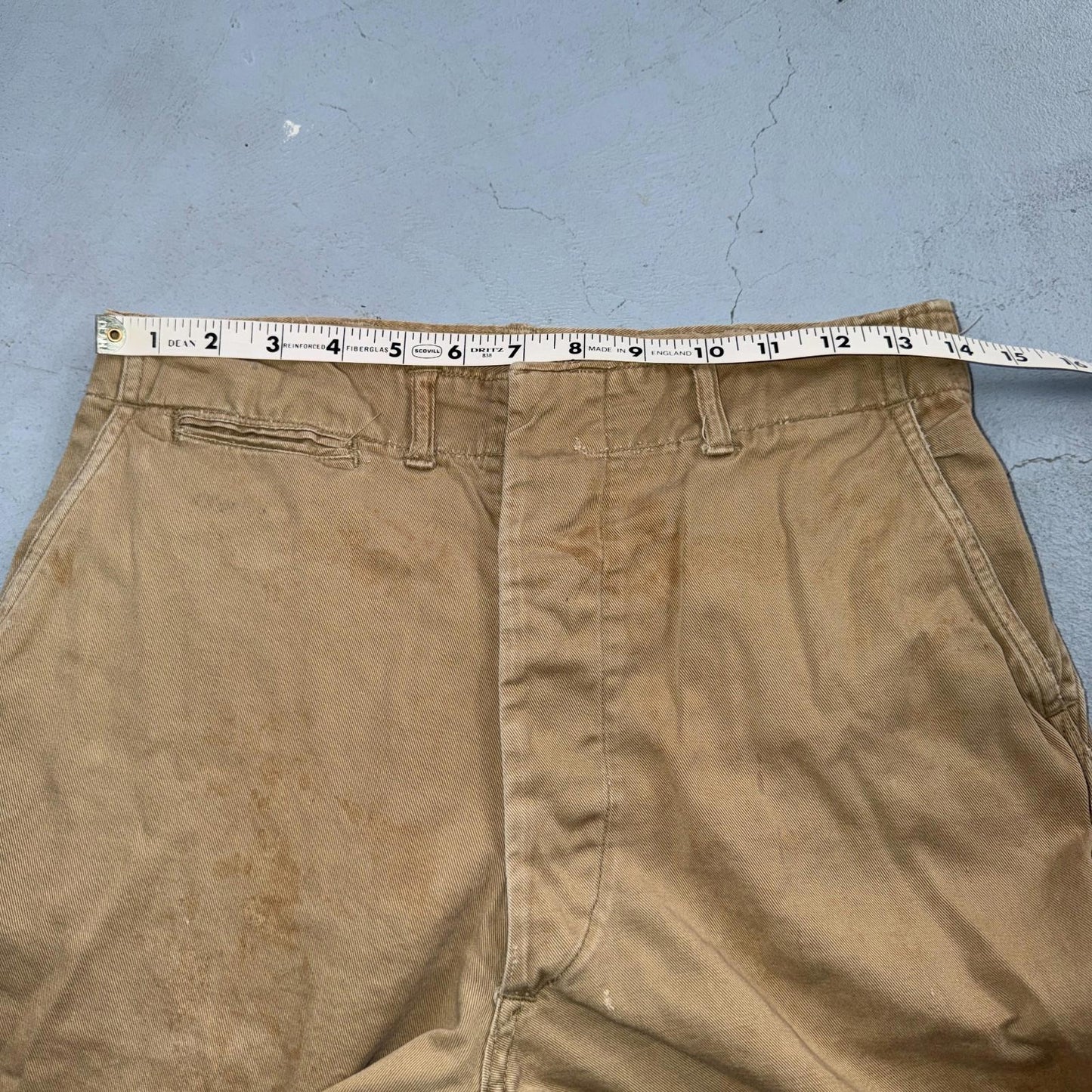 VTG 40s WWII Button Fly Cotton Military Trousers Chino Khaki Distressed 28x31