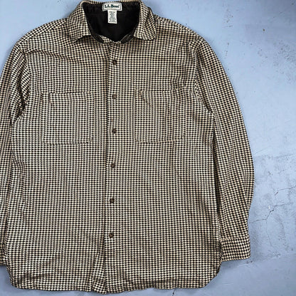 LL Bean VTG SOFT Flannel Shirt Size M Mens Cream Houndstooth Long Sleeve Button