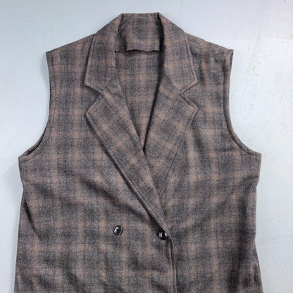 VTG 1960s Hippie Sleeveless Plaid Duster Blazer Jacket Gray Shadow Rockabilly