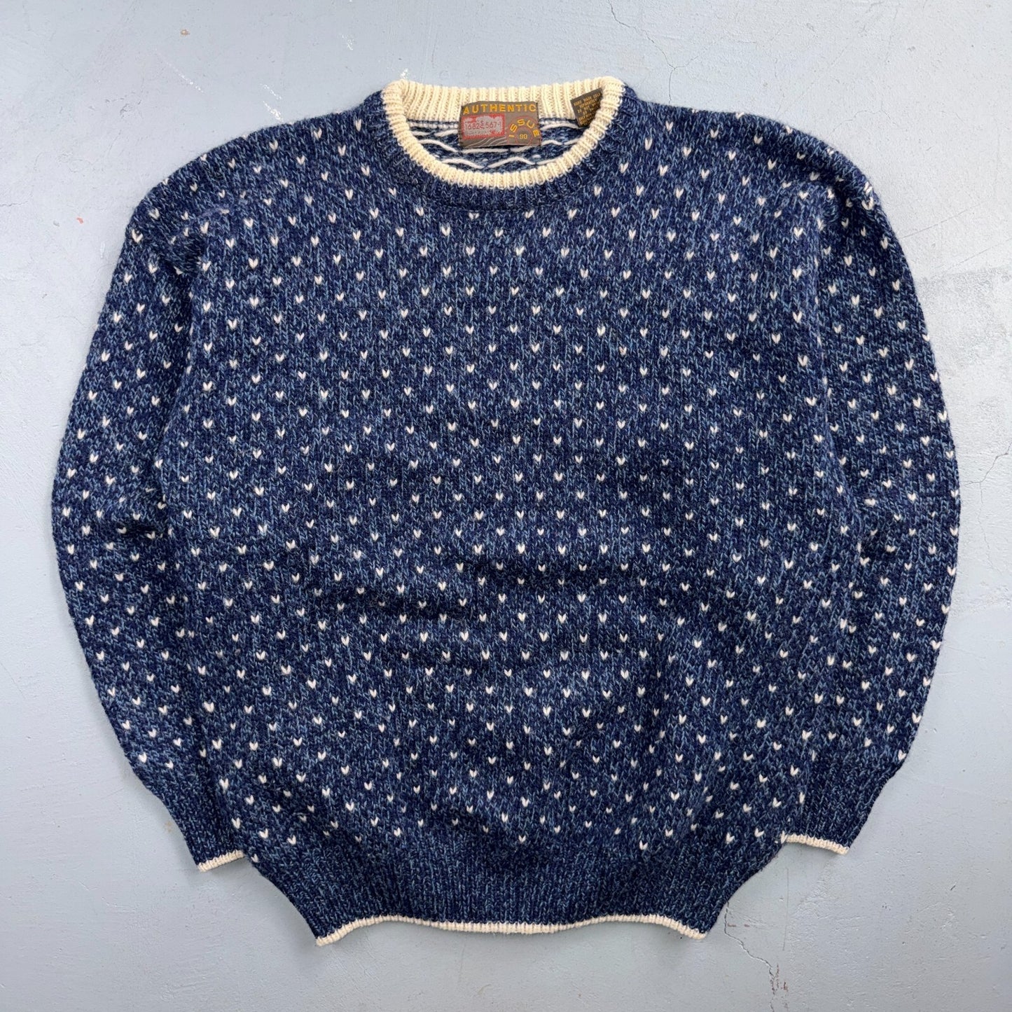 VTG 90s Authentic Nordic Birdseye Knit Sweater Blue White Wool Blend Norway L