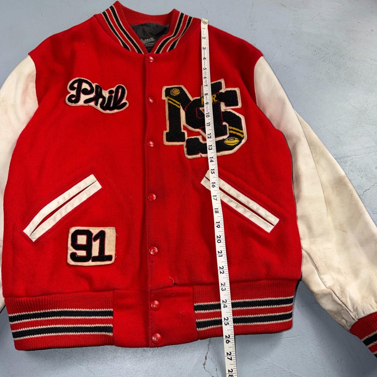 VTG 70s Nelson Varsity Jacket Letterman USA Made Leather Collegiate 44 Red Phil