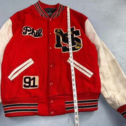 VTG 70s Nelson Varsity Jacket Letterman USA Made Leather Collegiate 44 Red Phil
