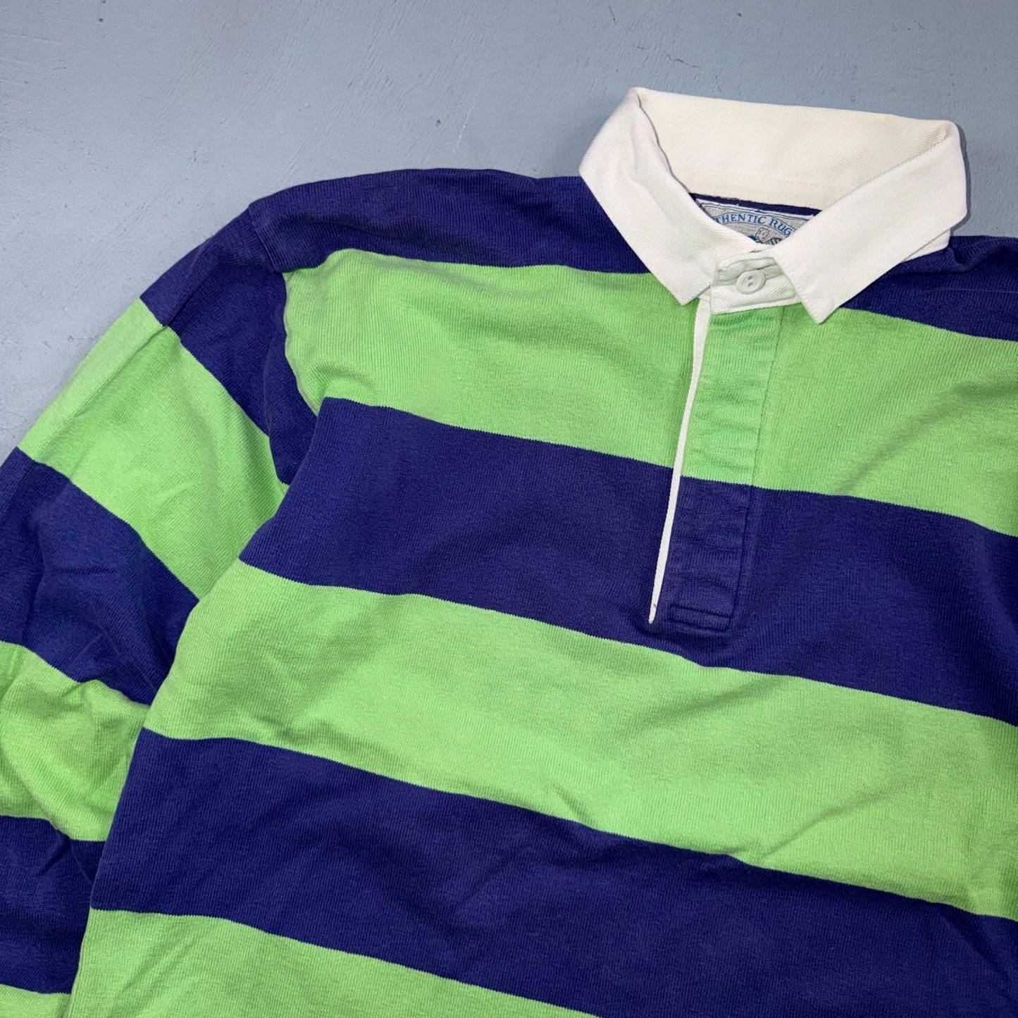 VTG Lands End Rugby Shirt Mens M Heavy Cotton Polo 80s 90s USA Stripe Blue Green