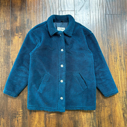 Vintage LL Bean Made In USA Womens Button Up Fuzzy Fleece Blue Jacket Med