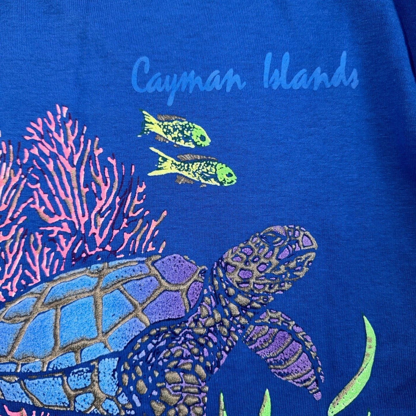 VTG 90s Cayman Islands Sea Turtle Coral Reef Graphic T Shirt Blue Single Stitch
