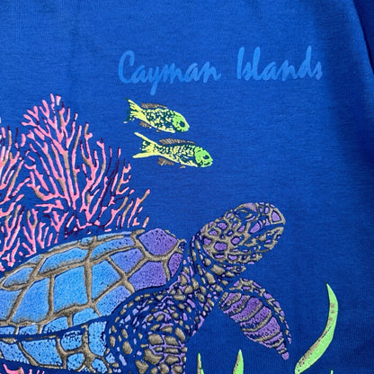 VTG 90s Cayman Islands Sea Turtle Coral Reef Graphic T Shirt Blue Single Stitch