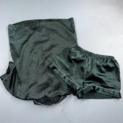 Women's Vintage 80s 2 Piece Poly Pajama Set Buttons Medium Cute Girly Green