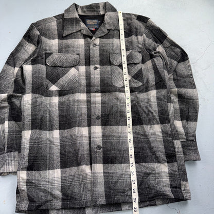 Pendleton Board Shirt Gray Black Plaid Wool Flannel USA Fabric Loop Collar M