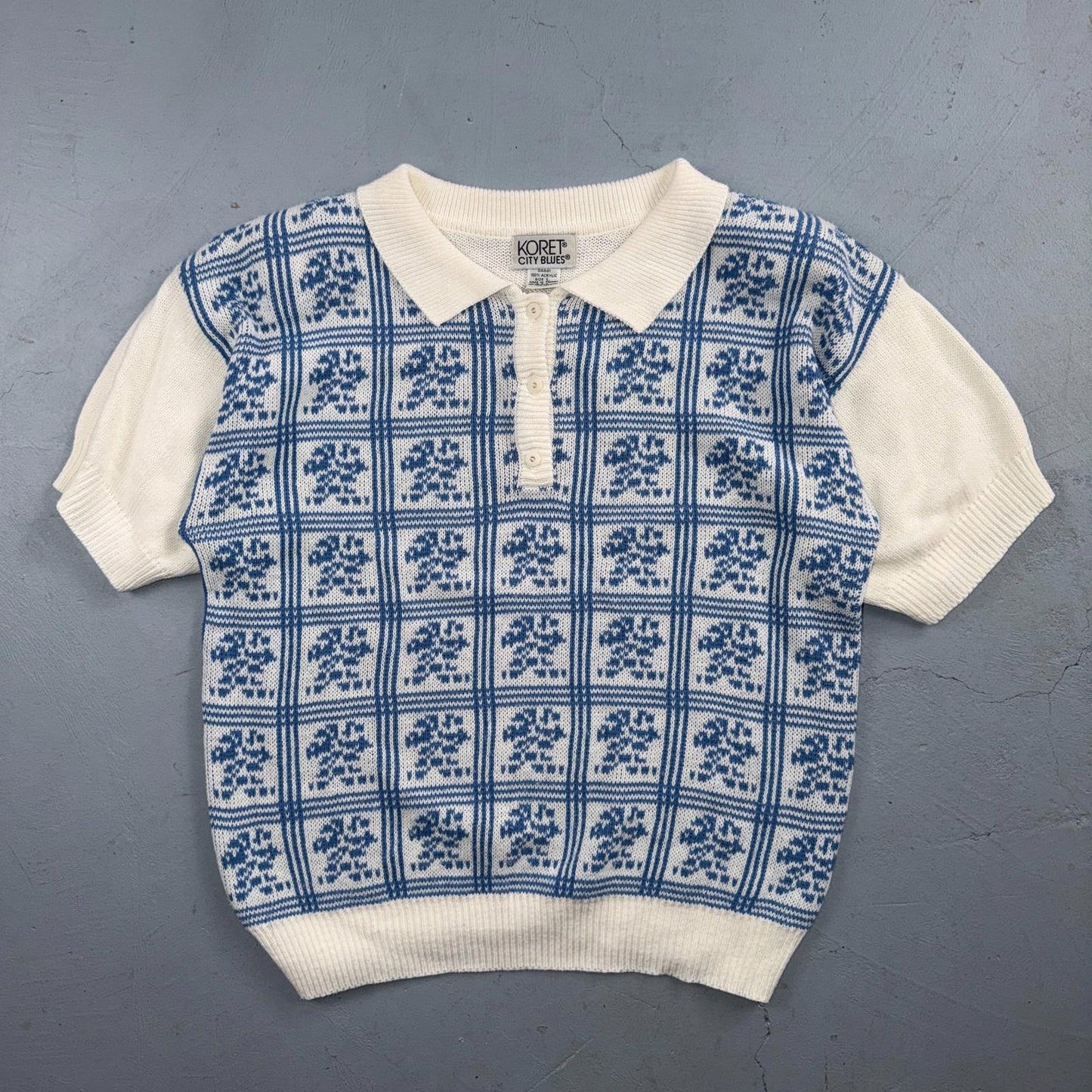 Vintage Koret City Blues Floral Acrylic Knit Sweater Top L 80s 90s Polo Vest