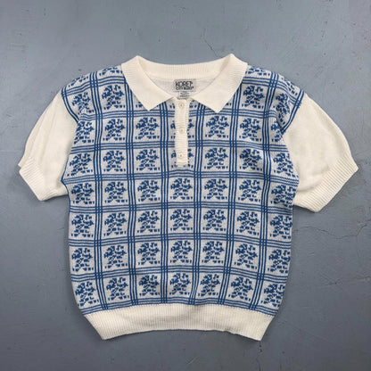 Vintage Koret City Blues Floral Acrylic Knit Sweater Top L 80s 90s Polo Vest
