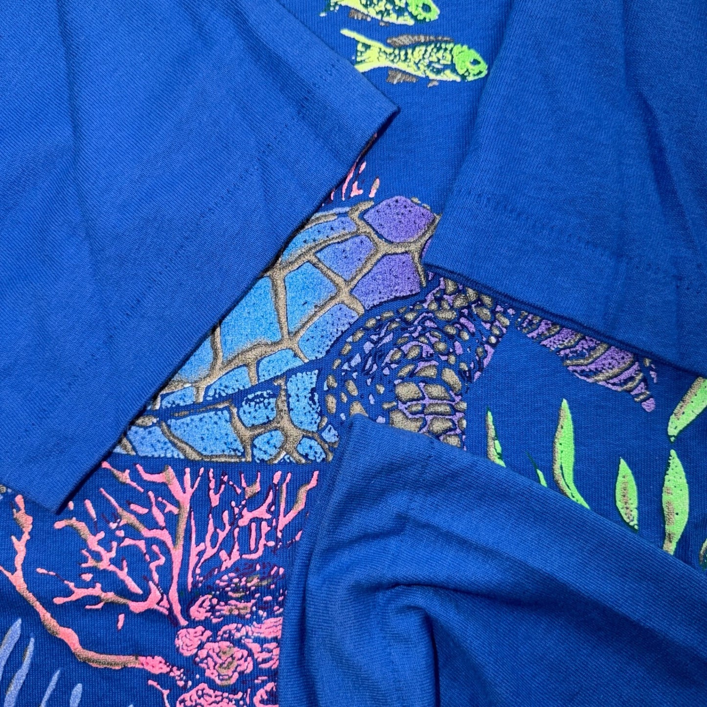 VTG 90s Cayman Islands Sea Turtle Coral Reef Graphic T Shirt Blue Single Stitch