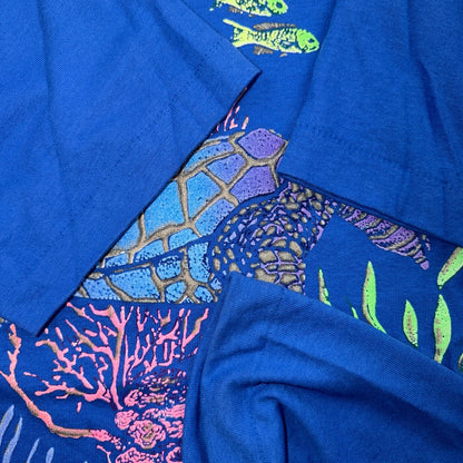 VTG 90s Cayman Islands Sea Turtle Coral Reef Graphic T Shirt Blue Single Stitch