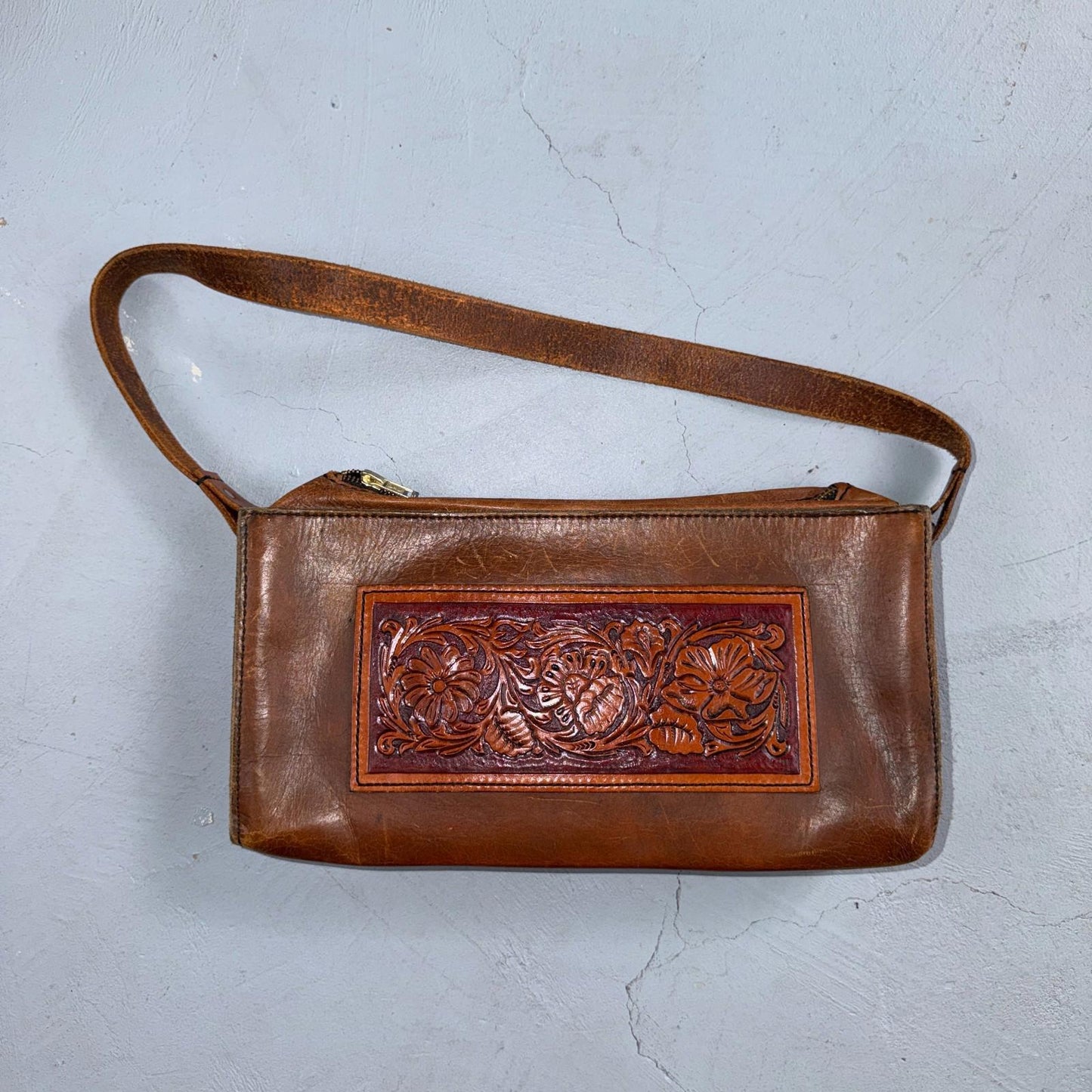 VTG Leather Bag Clutch Western Hand Tooled Leather Purse Saddle Brown Wallet