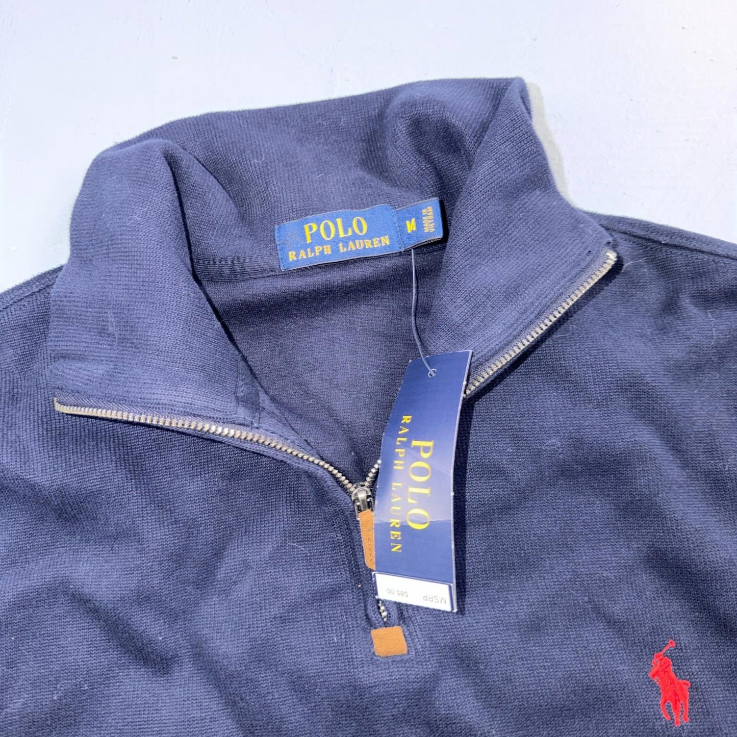 Polo Ralph Lauren Sweater VTG M Blue Cotton Long Sleeve Mock Neck Quarter Zip