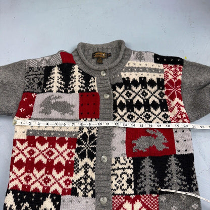 Vintage Eddie Bauer Cardigan Sweater Sz M Gray Snowflake Nordic Patchwork Wool
