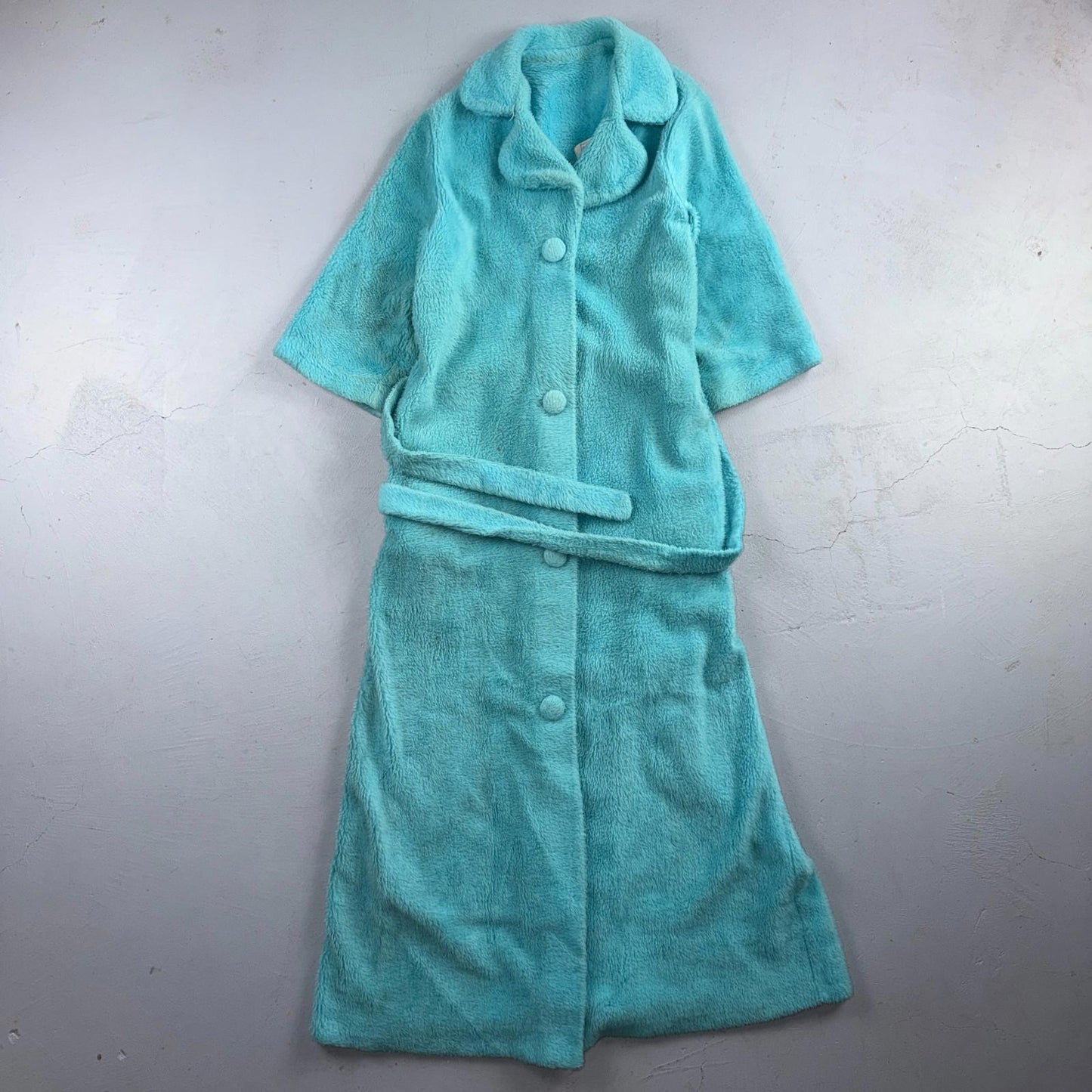 Carol Brent 1950s VTG Blue Fuzzy Rockabilly 50s Robe Bath Button Fancy Cute