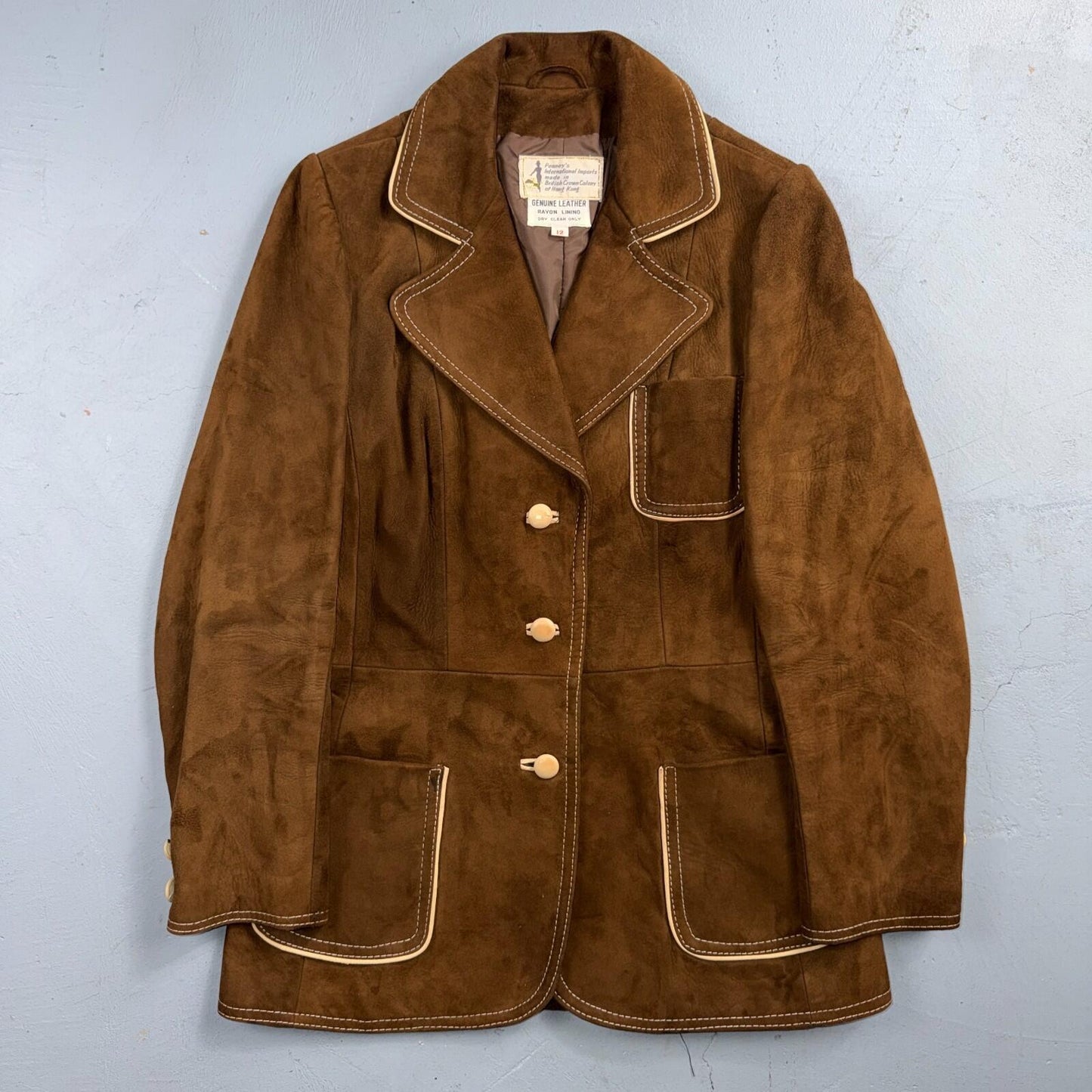 VTG Penneys 70s Suede Leather Button Up Jacket Brown Boho Hippie Western Sz 12