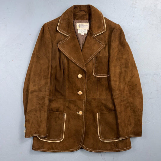 VTG Penneys 70s Suede Leather Button Up Jacket Brown Boho Hippie Western Sz 12