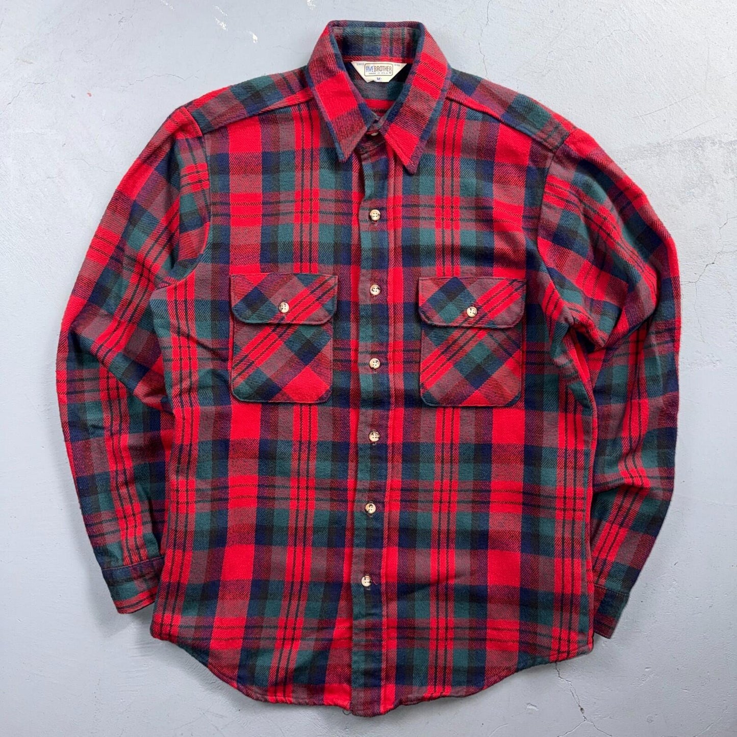 VTG Five Brother Shirt Mens M Shadow Plaid Flannel USA Red 1980s 80s Green Red