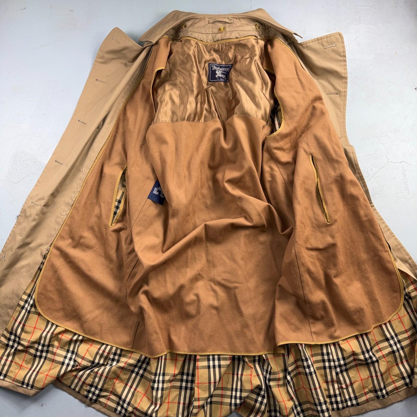 Burberry Mens 42L Trench Coat Jacket Camel Hair Double Breasted Wool Liner VTG