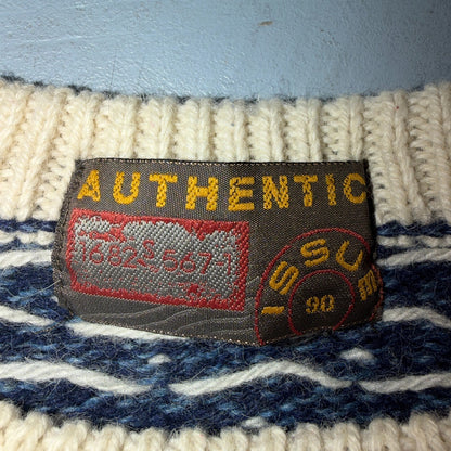 VTG 90s Authentic Nordic Birdseye Knit Sweater Blue White Wool Blend Norway L