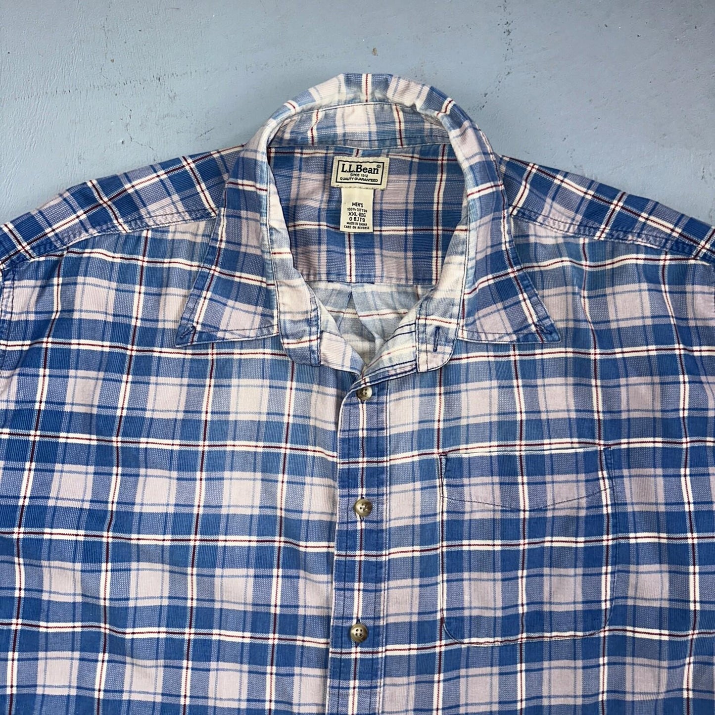 LL Bean Shirt Mens 2XL Blue Plaid Corduroy Button Down Traditional Fit VTG