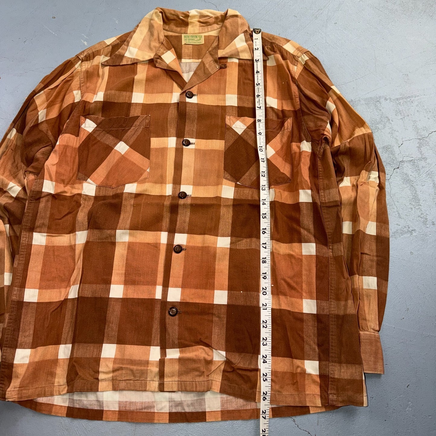 VTG 40s Deer Creek Brown Plaid Loop Collar Button Shirt Rockabilly Sanforized