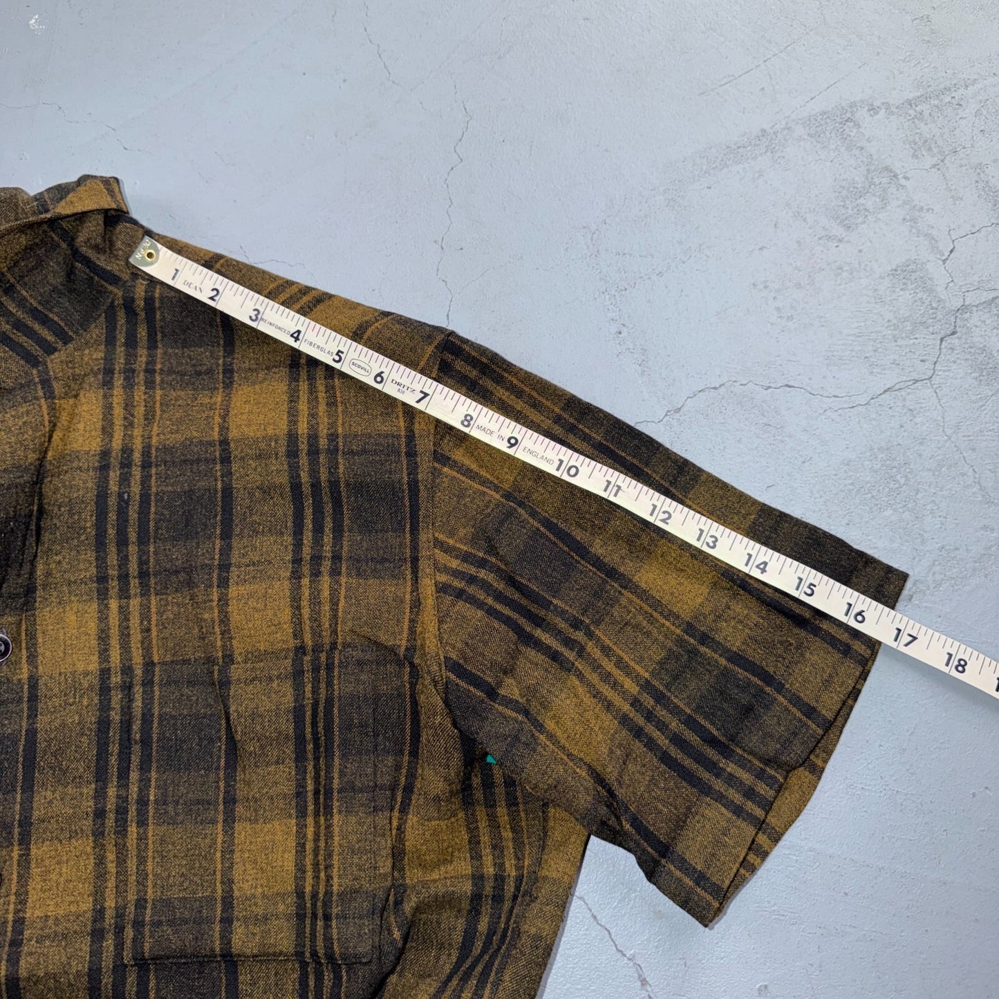VTG 50s Brown Mustard Plaid Loop Collar Camp Shirt Rockabilly Atomic Shadow Wool
