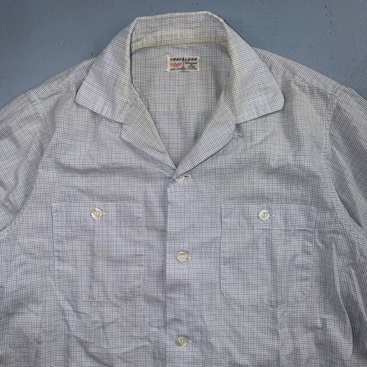 VTG 1950s Enro Trafalgar Loop Collar Button Up Shirt Cotton Rockabilly M Checker