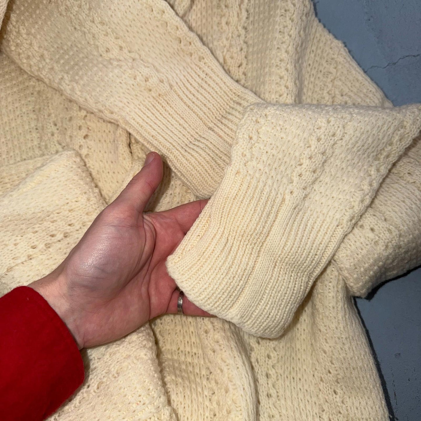 Penneys 1950s Wool Sweater Cream Shawl Collar Heritage Fisherman Knit Rockabilly