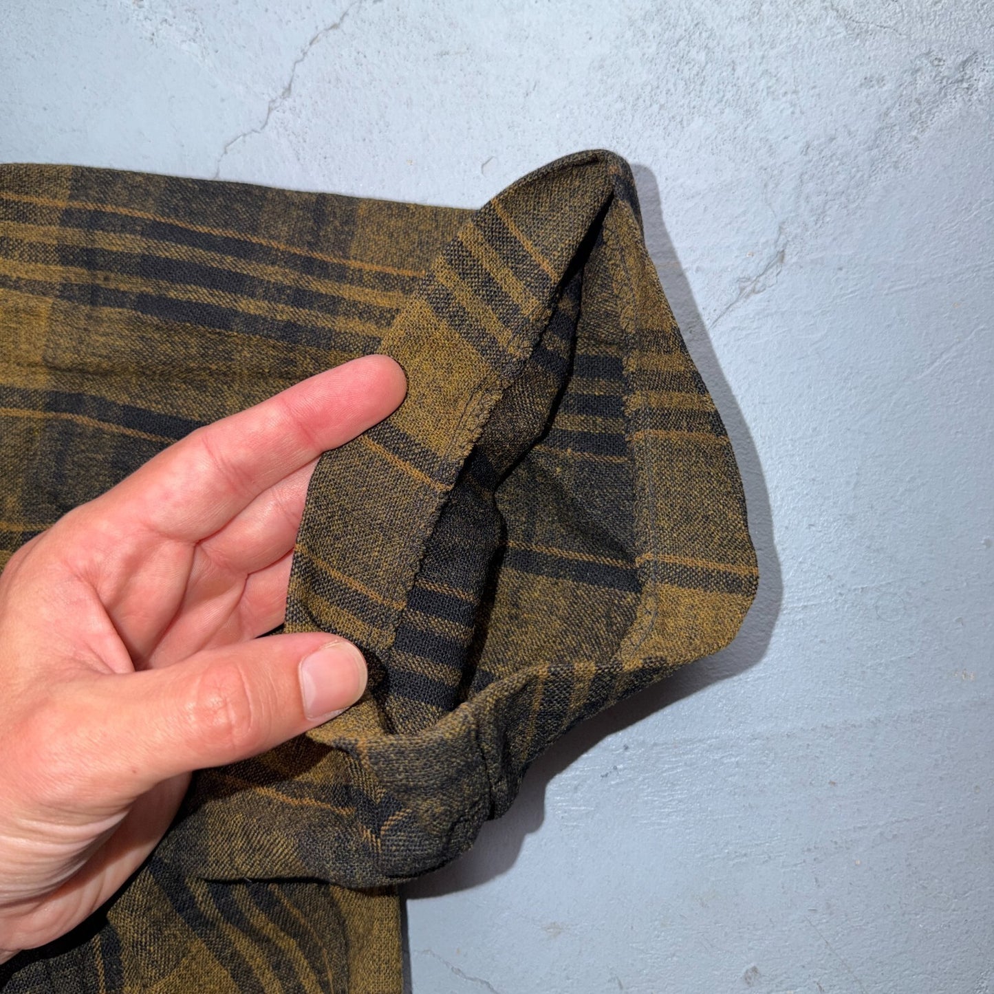 VTG 50s Brown Mustard Plaid Loop Collar Camp Shirt Rockabilly Atomic Shadow Wool