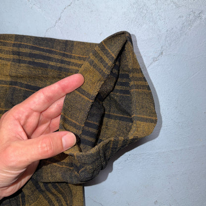 VTG 50s Brown Mustard Plaid Loop Collar Camp Shirt Rockabilly Atomic Shadow Wool