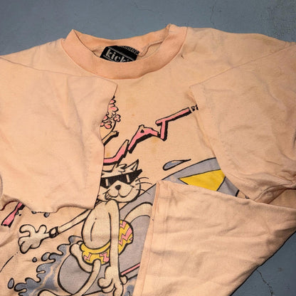Surf Cat Crop 80s VTG T Shirt Kicks USA 1980s Graphic Cats Cartoon Cool Beach