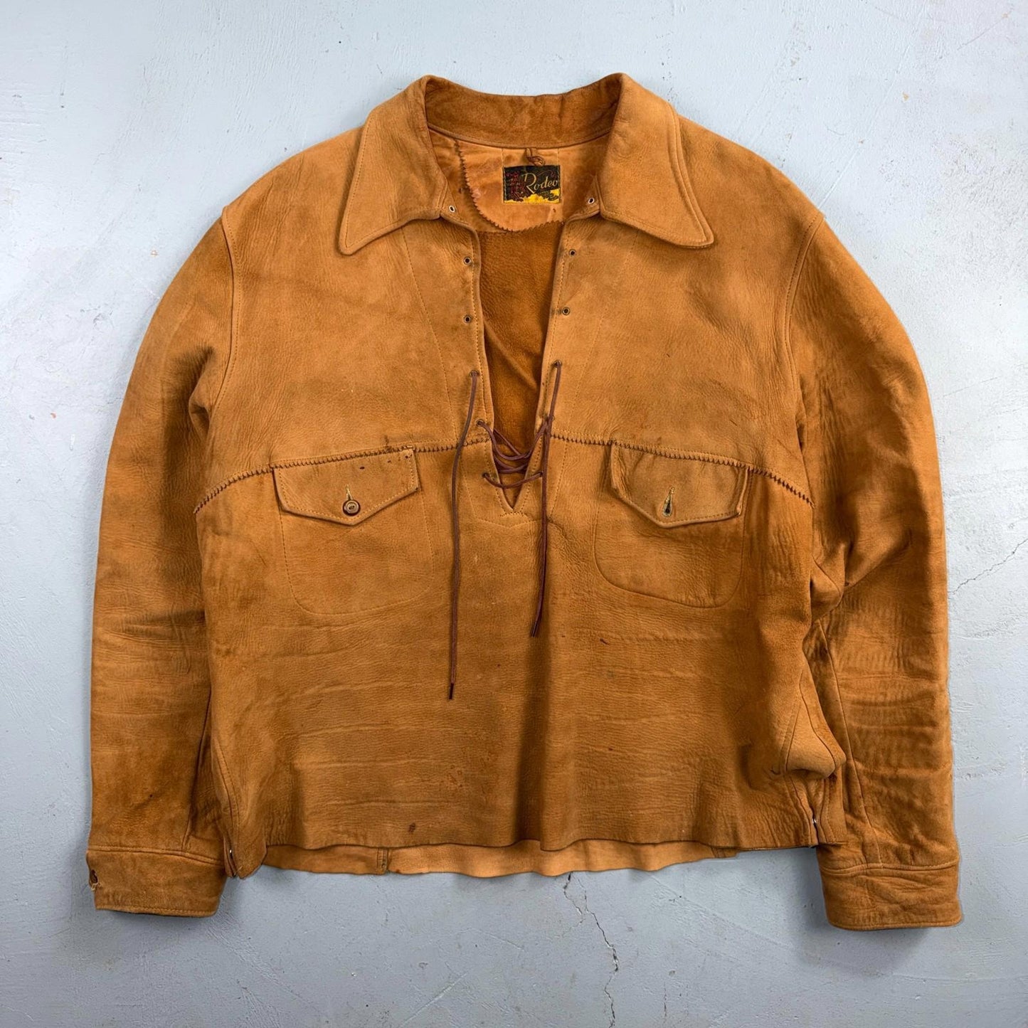 VTG 1940s Union Suede Pullover Leather Lace Up Cowboy Rockabilly Rodeo 40s Shirt