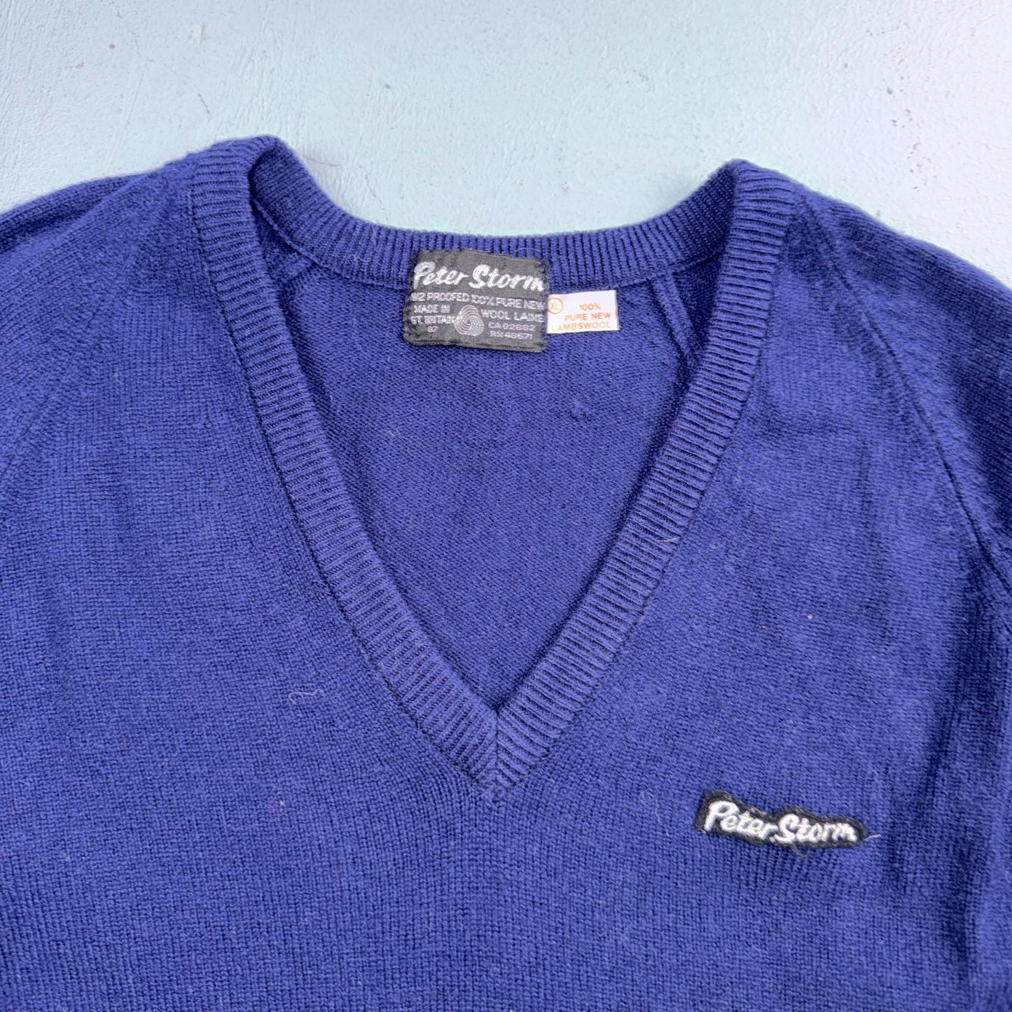 Vintage 70s Peter Storm Sweater Mens XL Navy Blue V Neck Pure Wool Knit